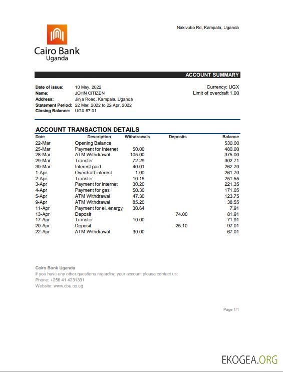 Relevé bancaire de l'Ouganda au Caire, modèle Excel et PDF